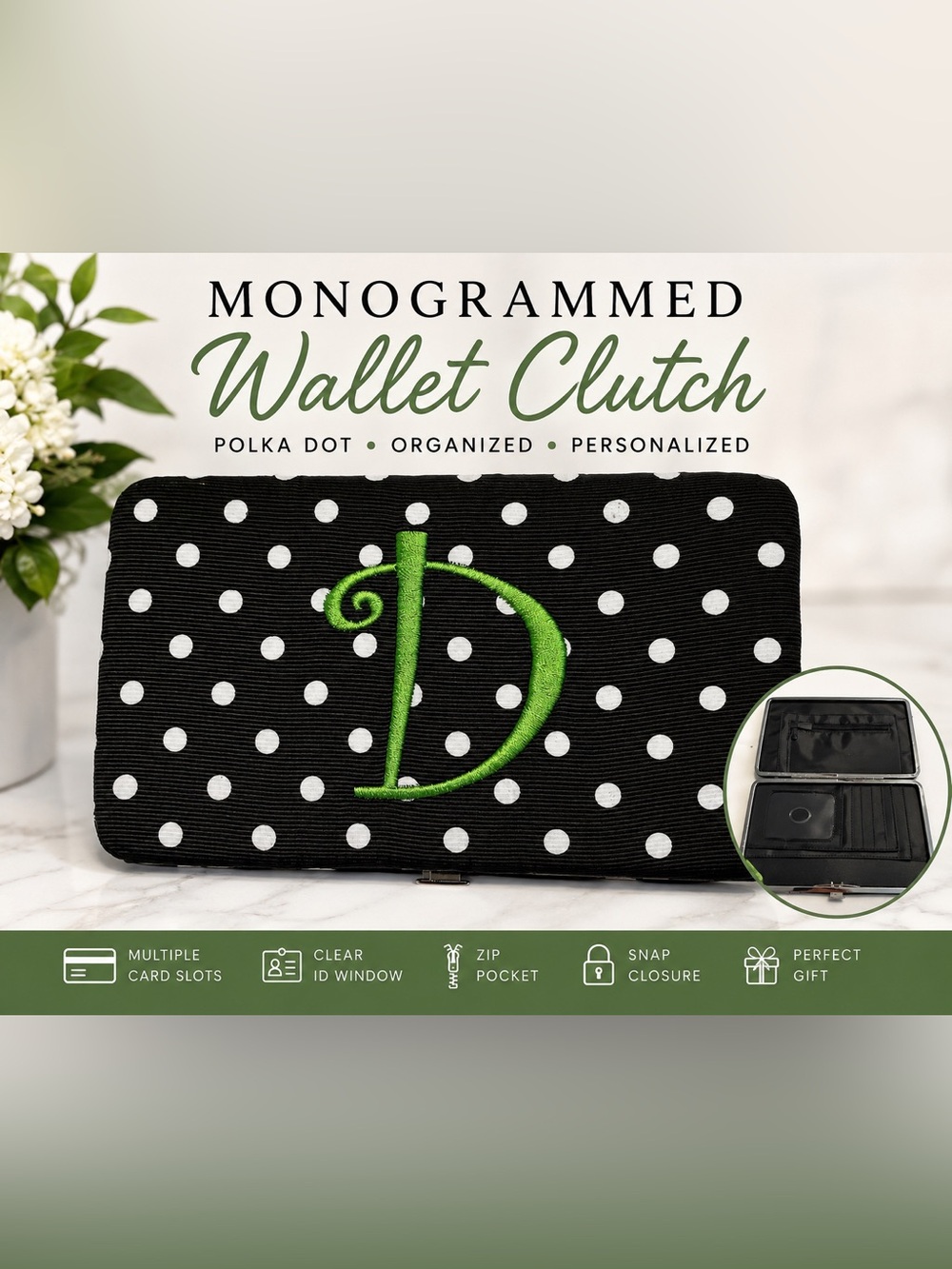 Monogrammed Polka Dot Wallet Clutch Organizer Black White Personalized “D”